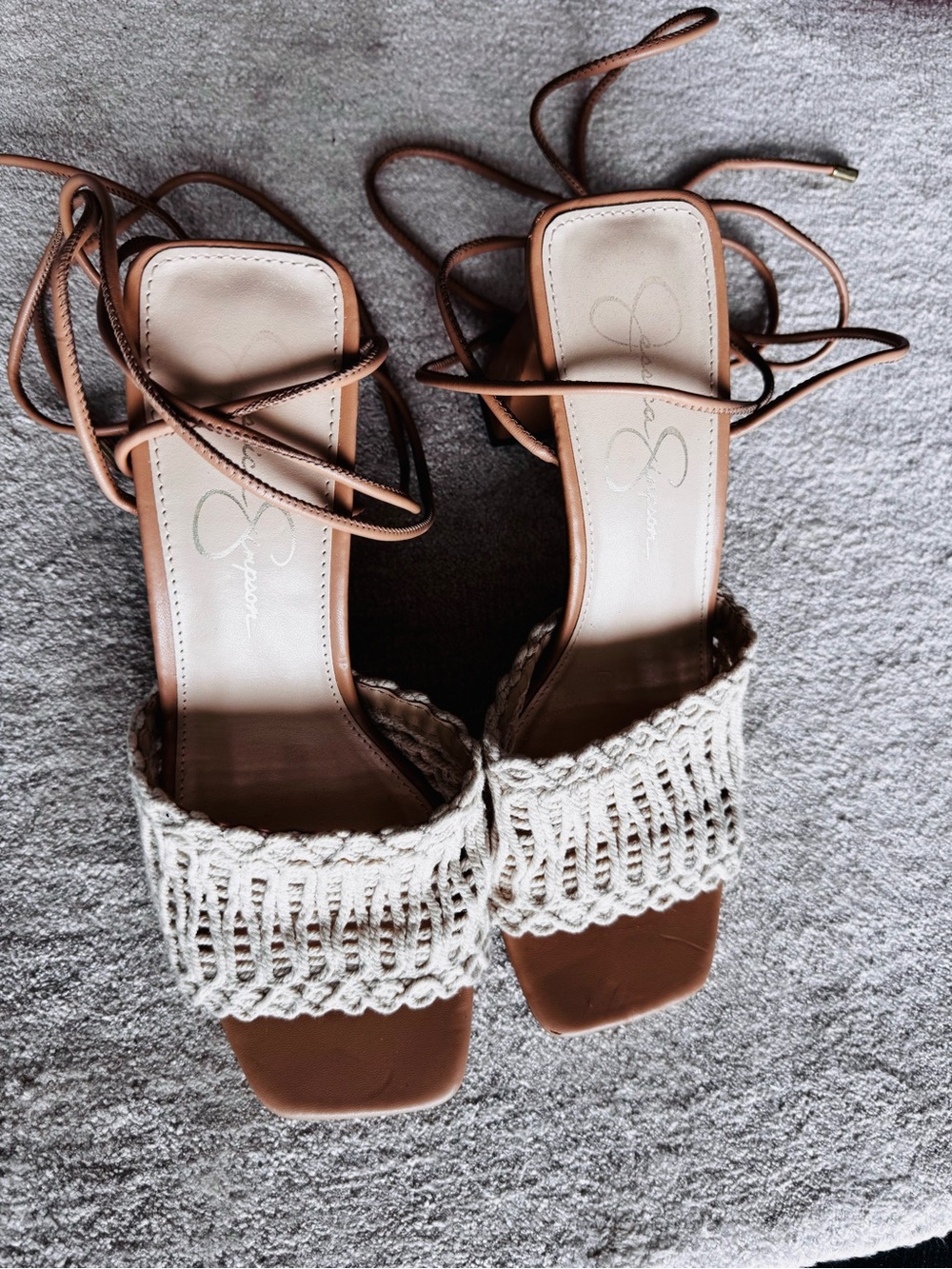 Jessica Simpson Tan Leather & Cream Crochet Lace-Up Sandals